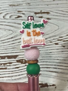 Hand Crafted Pink and Green Self Love Decorative Pen Topper